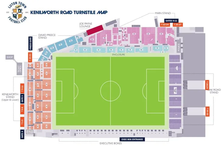 Sơ đồ bố trí các khán đài và khu vực bên trong sân vận động Kenilworth Road