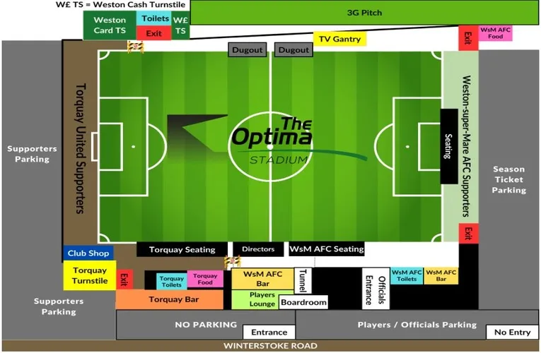 Sơ đồ bố trí các khu vực khán đài và chỗ ngồi tại sân vận động Optima Stadium