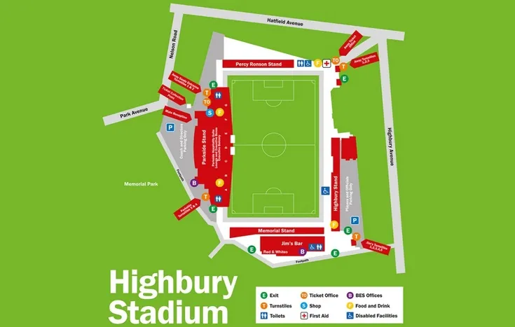 Sơ đồ bố trí chỗ ngồi của sân vận động Highbury, giúp người hâm mộ dễ dàng định vị các khán đài và khu vực tại sân nhà Fleetwood Town.