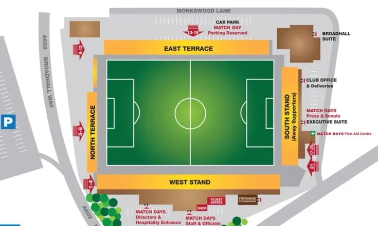 Sơ đồ bố trí chỗ ngồi sân Lamex Stadium Stevenage chi tiết