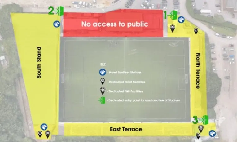 Sơ đồ chi tiết các khán đài và khu vực chỗ ngồi tại sân vận động Hayes Lane của Bromley FC