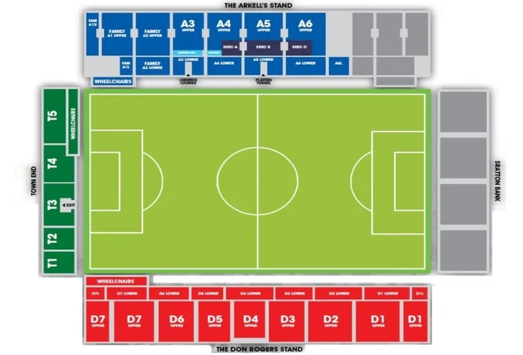 Sơ đồ chỗ ngồi chi tiết của sân vận động The County Ground, hiển thị vị trí các khán đài chính.