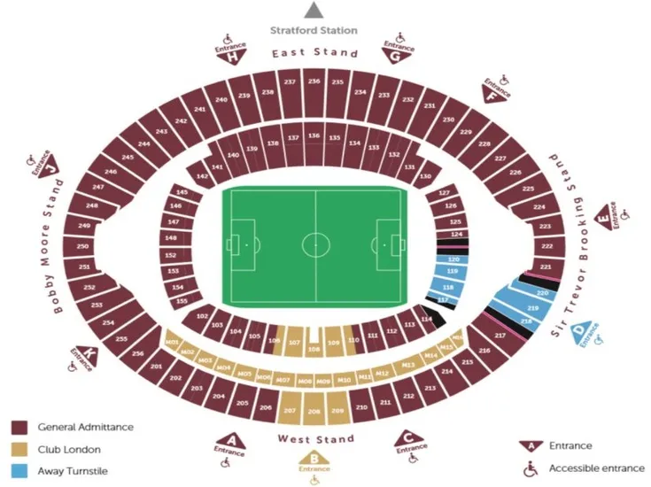 Sơ đồ chỗ ngồi chi tiết London Stadium, hướng dẫn vị trí các khán đài