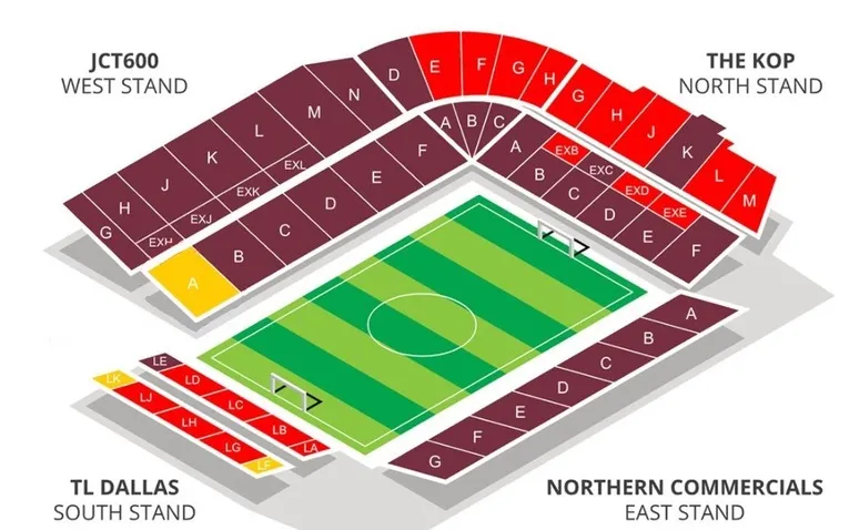Sơ đồ chỗ ngồi chi tiết sân vận động Valley Parade, giúp người hâm mộ dễ dàng định vị