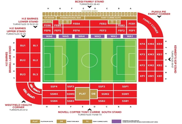 Sơ đồ chỗ ngồi sân Bramall Lane, giúp người hâm mộ dễ dàng tìm vị trí lý tưởng