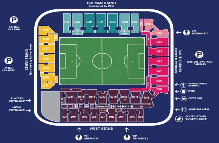Sơ đồ chỗ ngồi sân Plainmoor của Torquay United, hướng dẫn vị trí cổ động viên