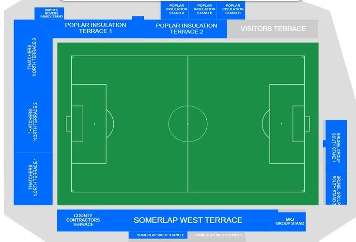 Sơ đồ chỗ ngồi sân vận động Memorial Stadium, hướng dẫn khu vực khán đài của Bristol Rovers