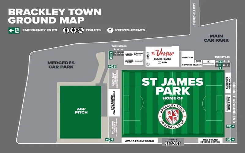 Sơ đồ chỗ ngồi sân vận động St James Park Brackley, hướng dẫn vị trí các khu vực cho khán giả