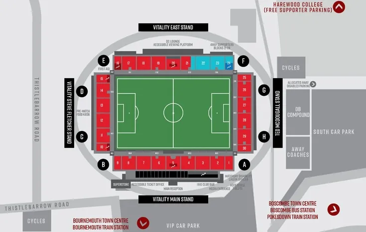 Sơ đồ chỗ ngồi sân Vitality Bournemouth, hướng dẫn chi tiết cho khán giả AFC Bournemouth