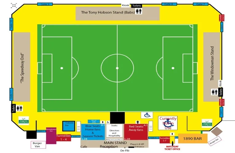 Sơ đồ tổng thể sân vận động Bob Lucas Stadium Weymouth FC, hướng dẫn các khu vực khán đài