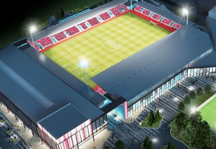 Thiết kế sân LNER Community Stadium rực rỡ dưới ánh đèn đêm